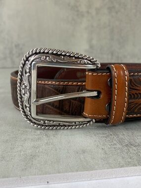 Ariat Two-Tone Tooled Leather Western Belt in Tan and Dark Brown w silver buckle